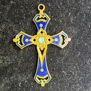Lapis Lazuli Lazarus Vintage Blue and Gold Ornate Brass Cross Pendant